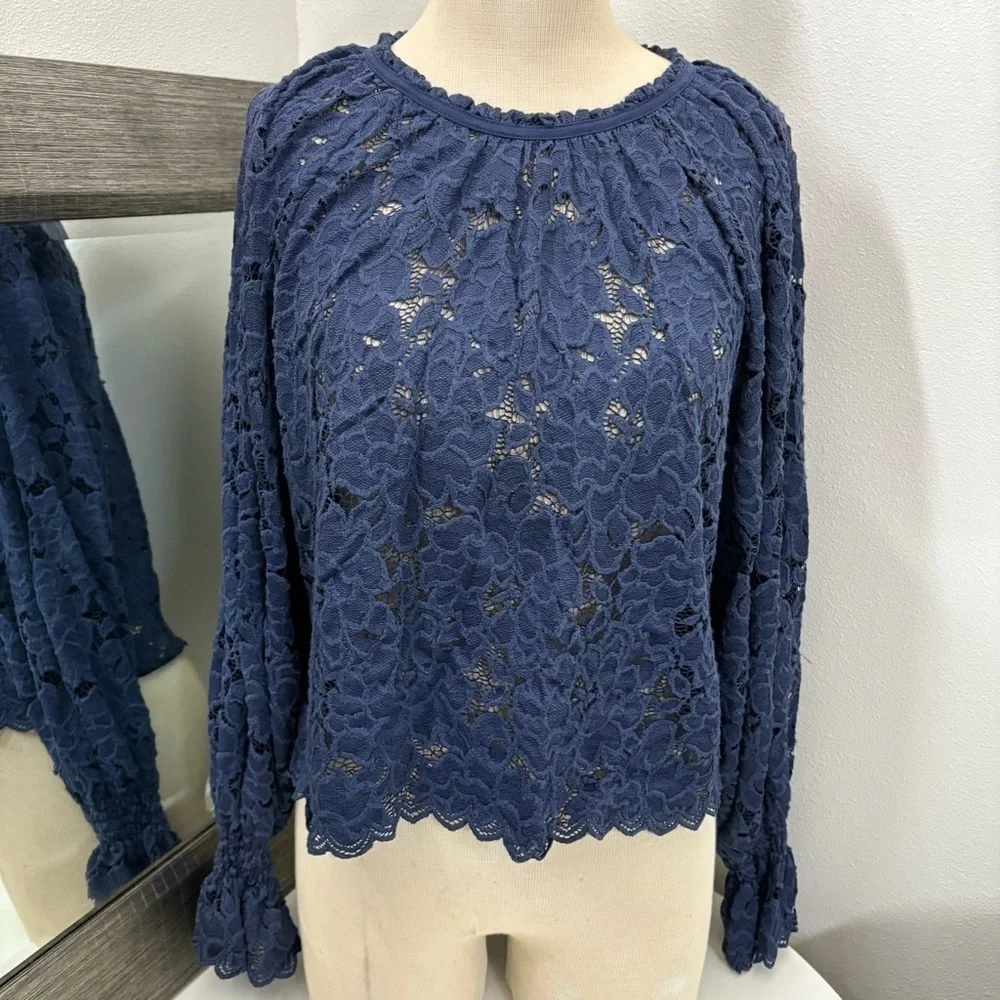 Free People Blue Ruffled Olivia lace Blouse